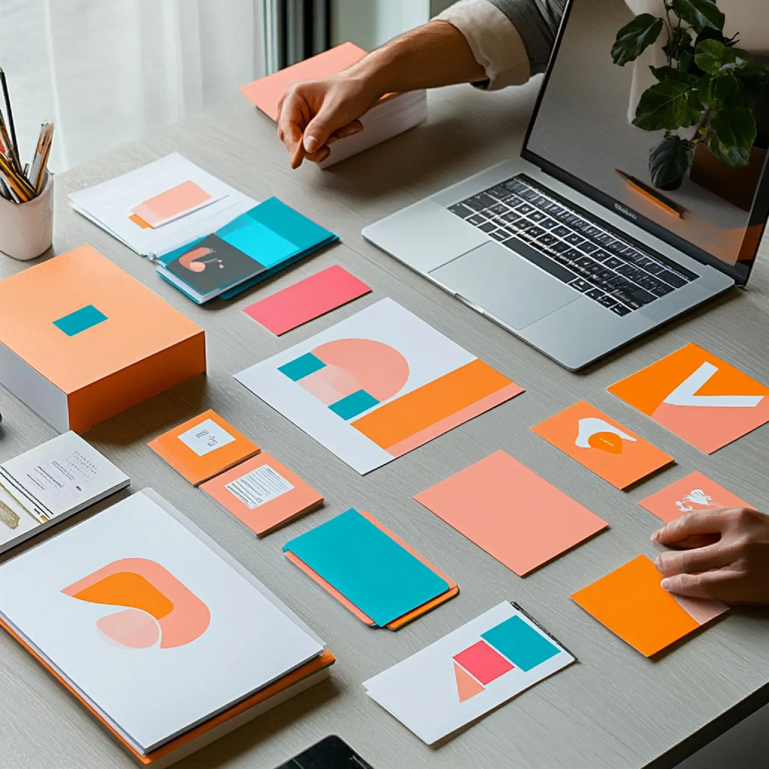 Visual identity design concepts with color palettes and branded creative materials