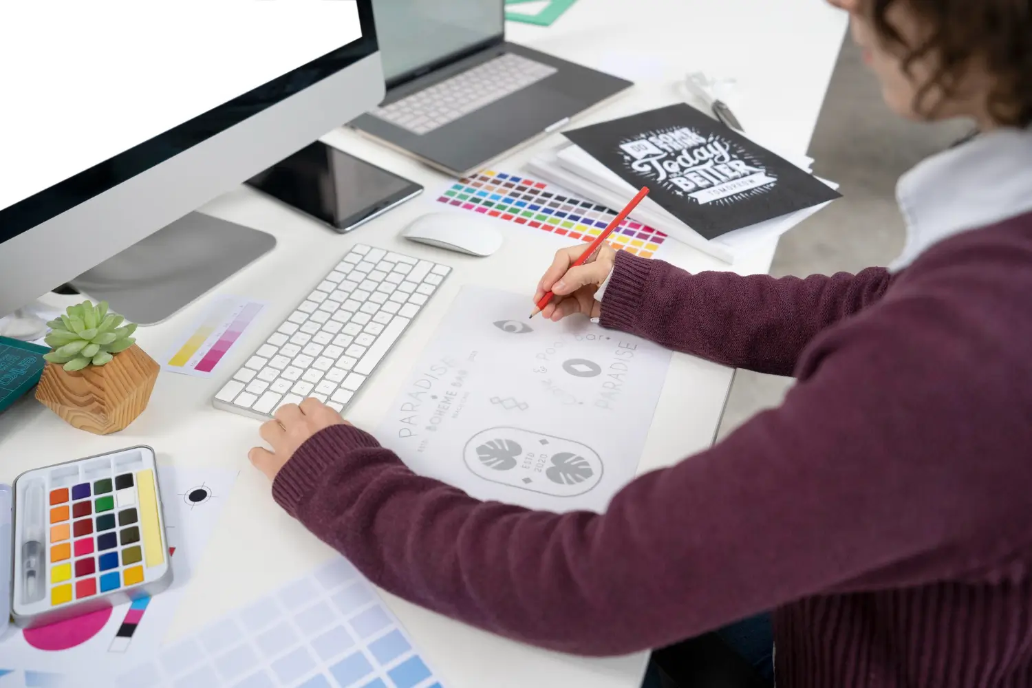 Logo design process with brand sketches, color palettes, and creative concepts