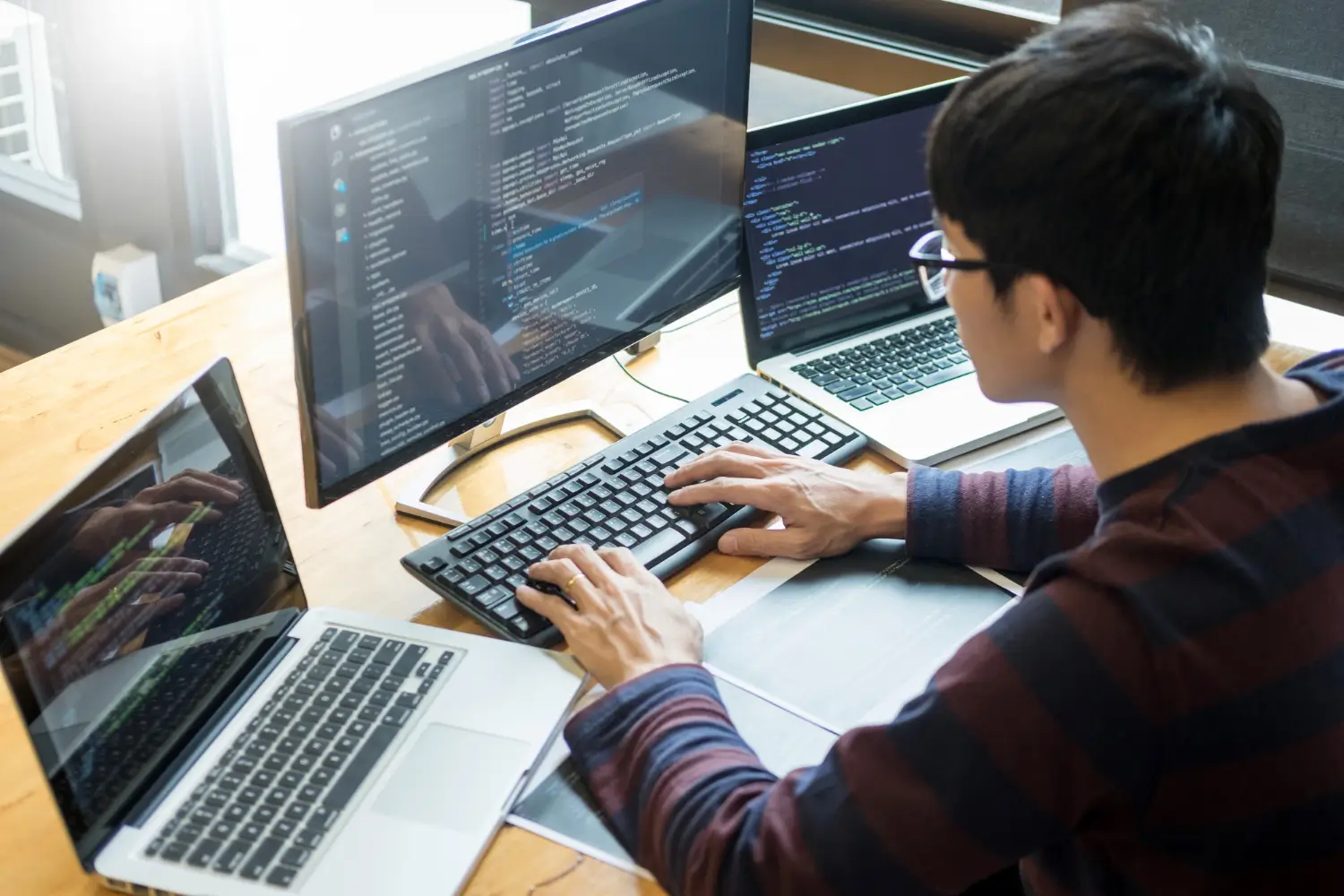API integration and software development with backend code displayed across multiple screens
