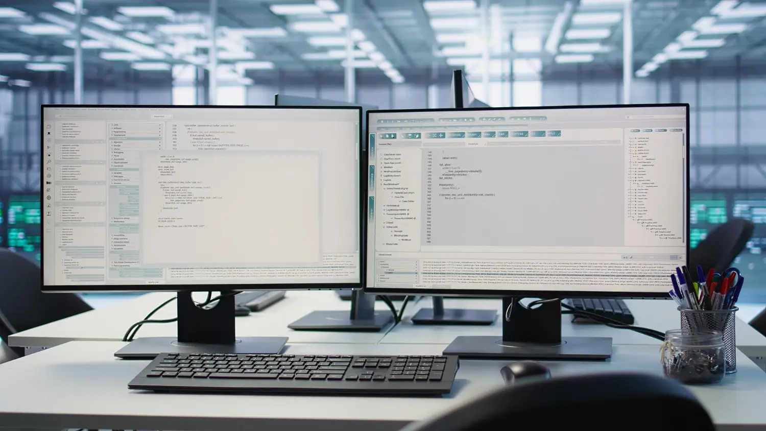 Database management and backend development with code displayed on dual monitors