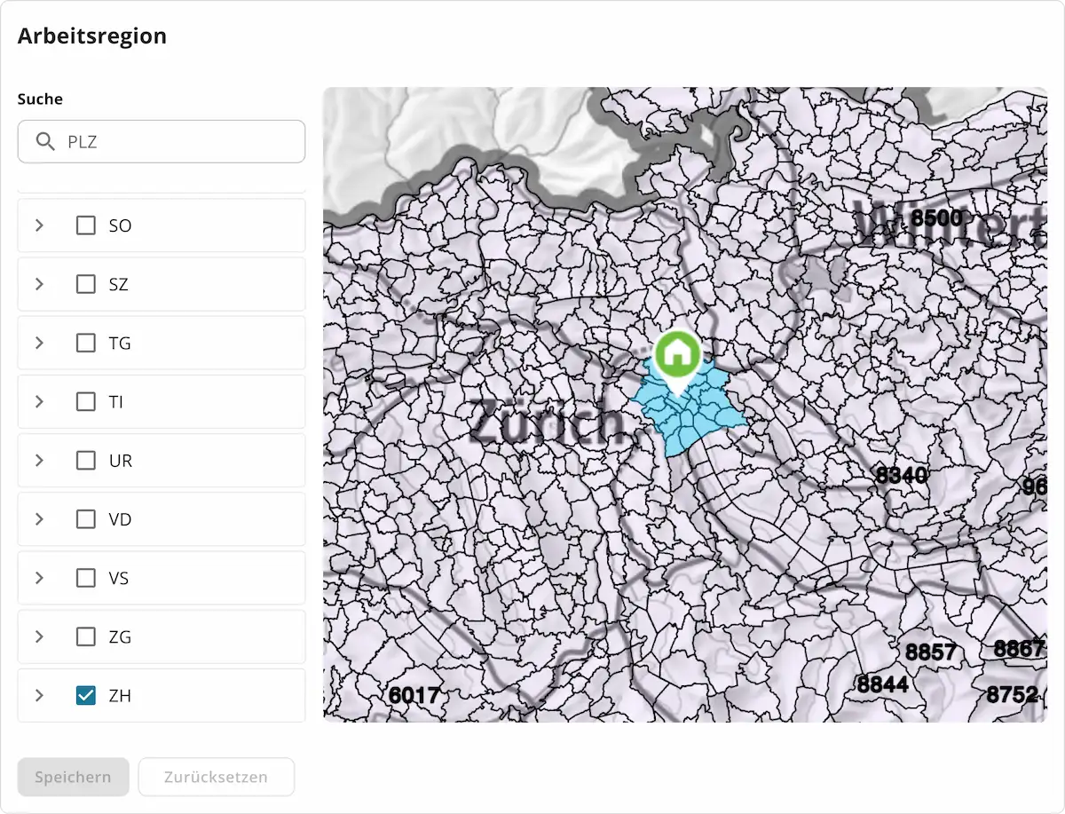 Karte der Arbeitsregionen mit einer Auswahlbox links für Postleitzahlen und PLZ