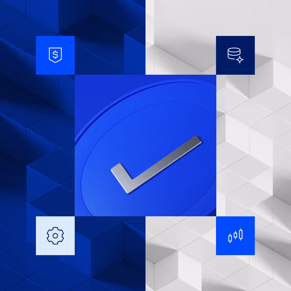 Abstract blue and white background with a central blue square featuring a silver checkmark and four smaller squares around it containing icons for shield, database, gear, and candlestick chart.