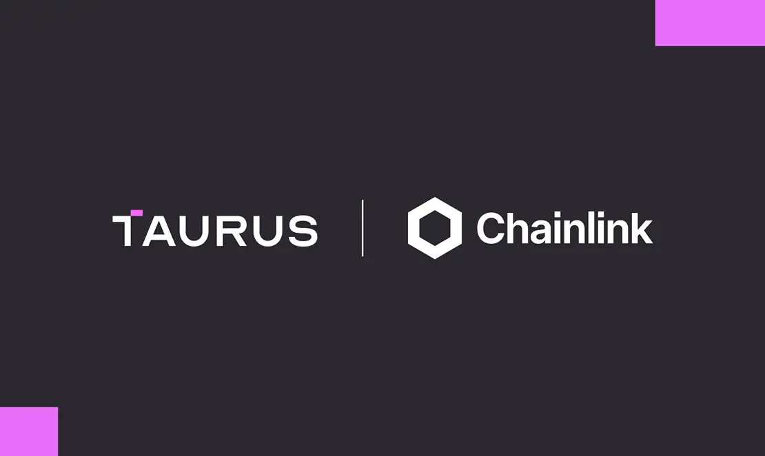 Taurus logo next to Chainlink logo separated by a vertical line on a dark background.