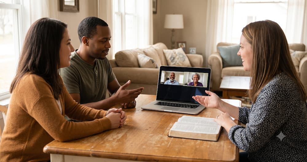In-person small group members gathered around a laptop, video calling two remote members joining the meeting online