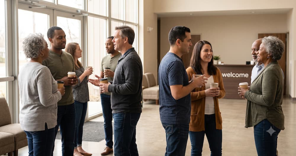 Church members chatting and holding coffee cups in the lobby before Sunday service
