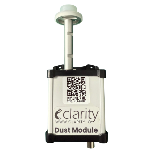 The Clarity Dust Module low-cost, affordable air quality sensor, which measures PM10 and coarse particulate matter air pollution, from a front angle.