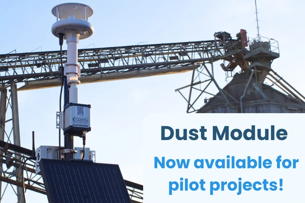 The skyline of a city using Clarity’s air quality monitoring system to measure pollutant levels.