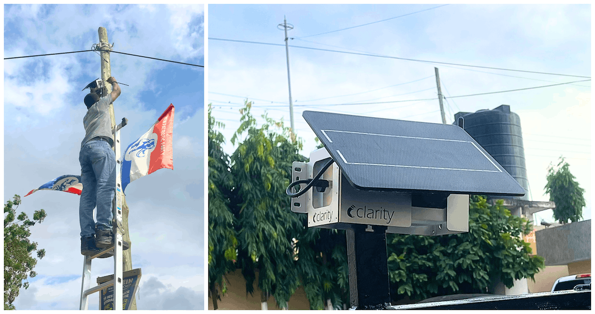 Image of a Node-S ambient air quality monitor being installed in an urban area, and an image of an installed solar-powered Clarity Node-S air quality sensor. 