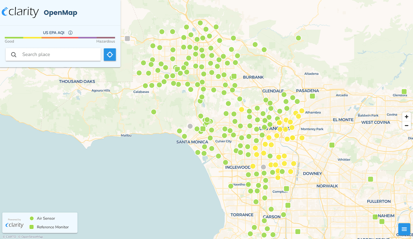 Clarity Movement's OpenMap shows ambient air quality measurements from networks of low-cost air quality sensors.