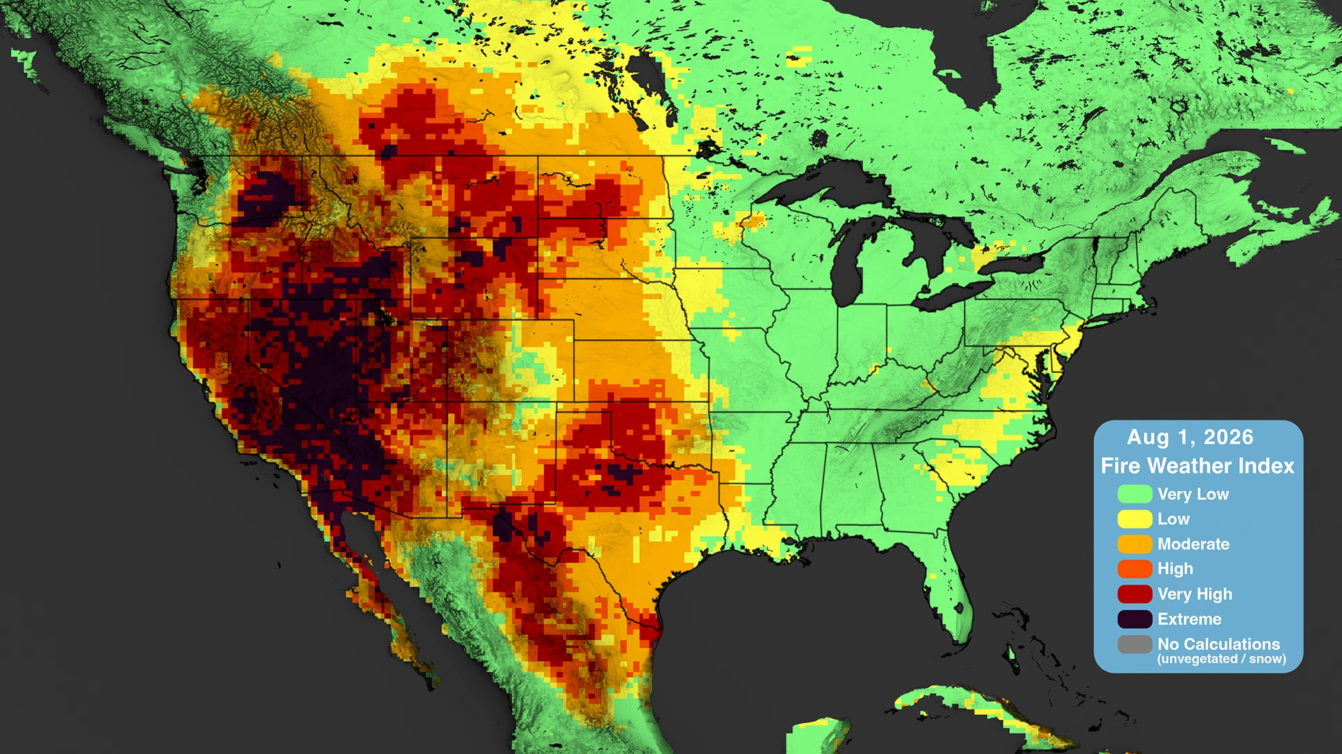 NASA map of the Fire Weather Index across North America on 1 August 2026, showing extreme fire weather across the western United States