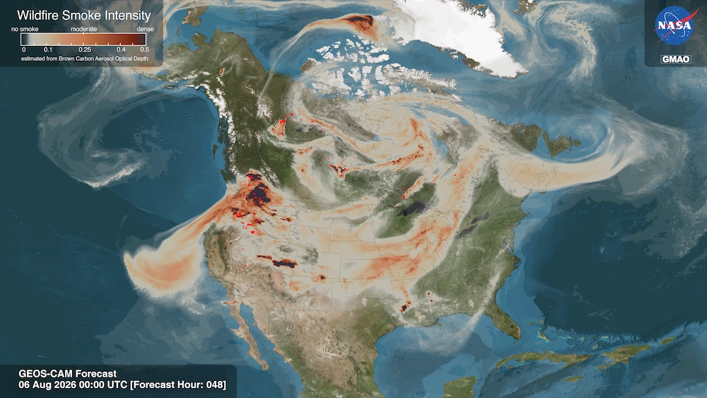 NASA visualization of wildfire smoke intensity across North America in August 2026, with dense smoke over the Pacific Northwest spreading east across the continent
