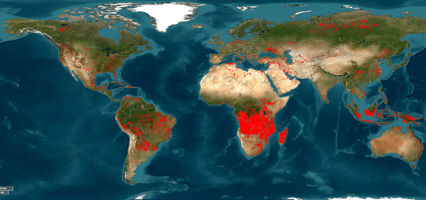 NASA FIRMS world map of wildfire hotspots, August 2026.