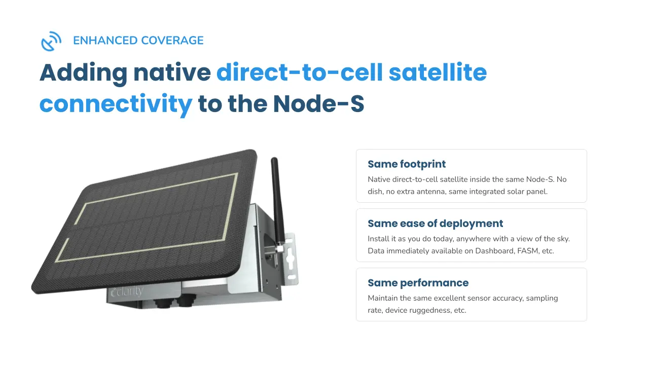Clarity will be adding native direct-to-cell satellite connectivity to the Node-S for enhanced wildfire smoke monitoring.