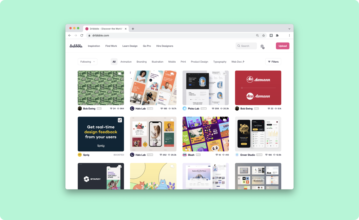 Image featuring the Dribble homepage with illustrations and images from other designers.