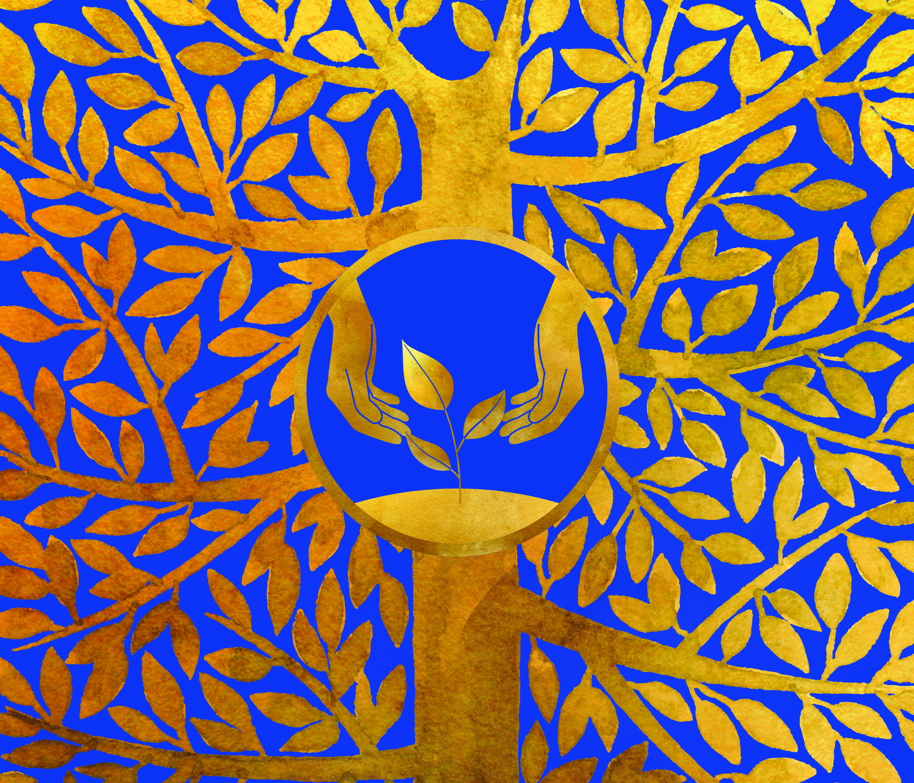 Illustration of a golden tree with abundant leaves set against a deep blue background. At the center, a circular frame encloses two hands gently cradling a small golden plant sprouting from the ground.