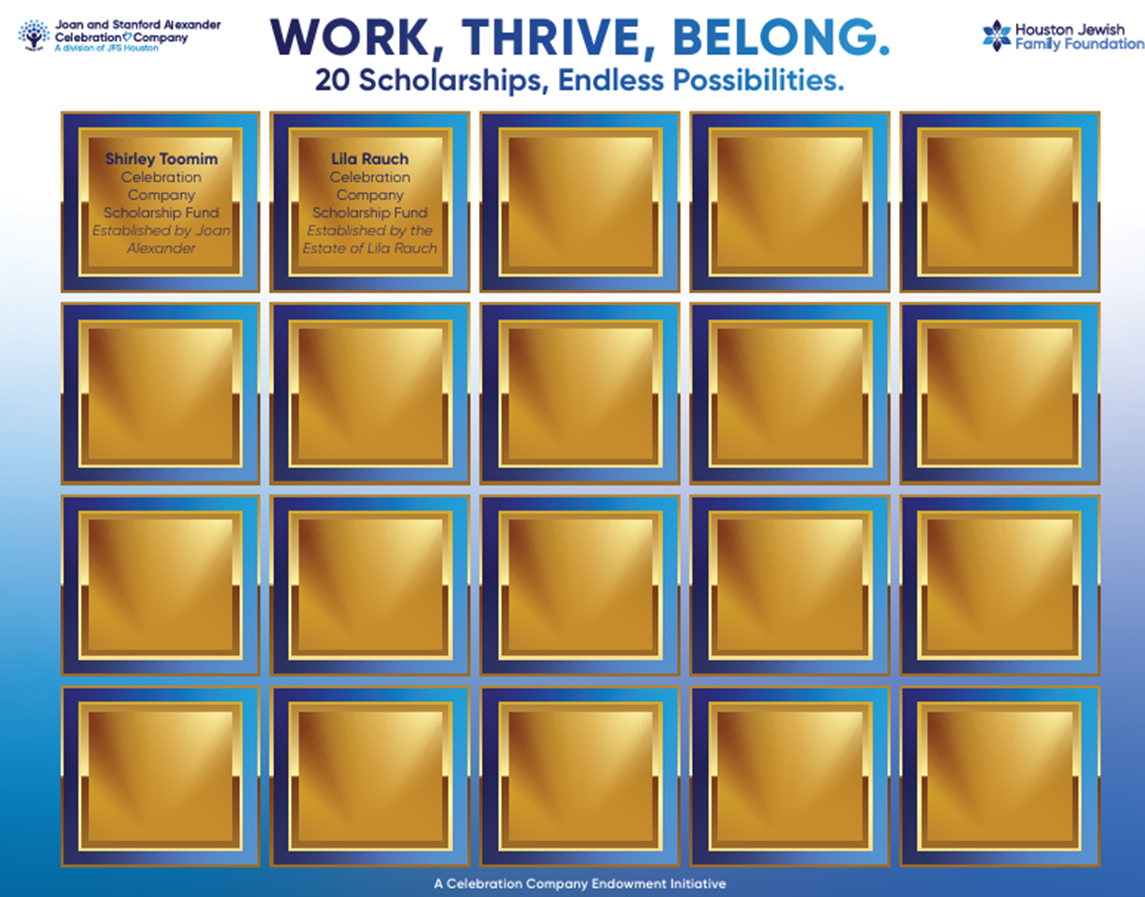 Grid display titled “Work, Thrive, Belong. 20 Scholarships, Endless Possibilities.” Two scholarship plaques are labeled: Shirley Toomim Celebration Company Scholarship Fund and Lila Rauch Celebration Company Scholarship Fund. Eighteen gold plaques are blank.