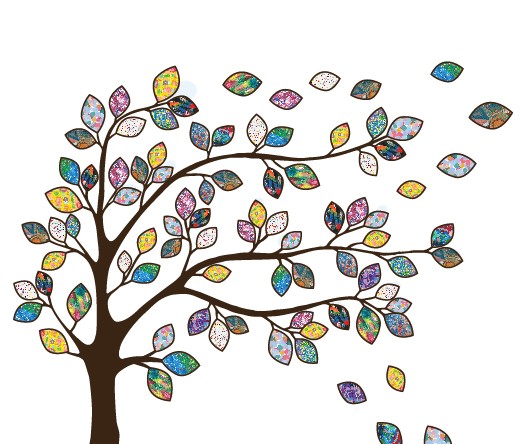 llustration of a stylized tree with a brown trunk and branches filled with colorful, mosaic-patterned leaves, some drifting away. Text on the trunk reads “Strengthening Our Roots. Growing Our Reach.” The Alexander JFS logo appears at the base.