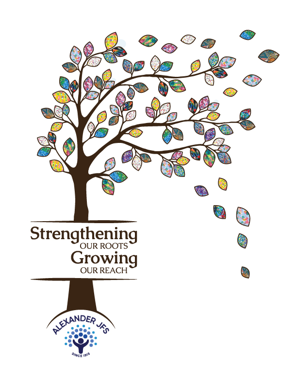 llustration of a stylized tree with a brown trunk and branches filled with colorful, mosaic-patterned leaves, some drifting away. Text on the trunk reads “Strengthening Our Roots. Growing Our Reach.” The Alexander JFS logo appears at the base.