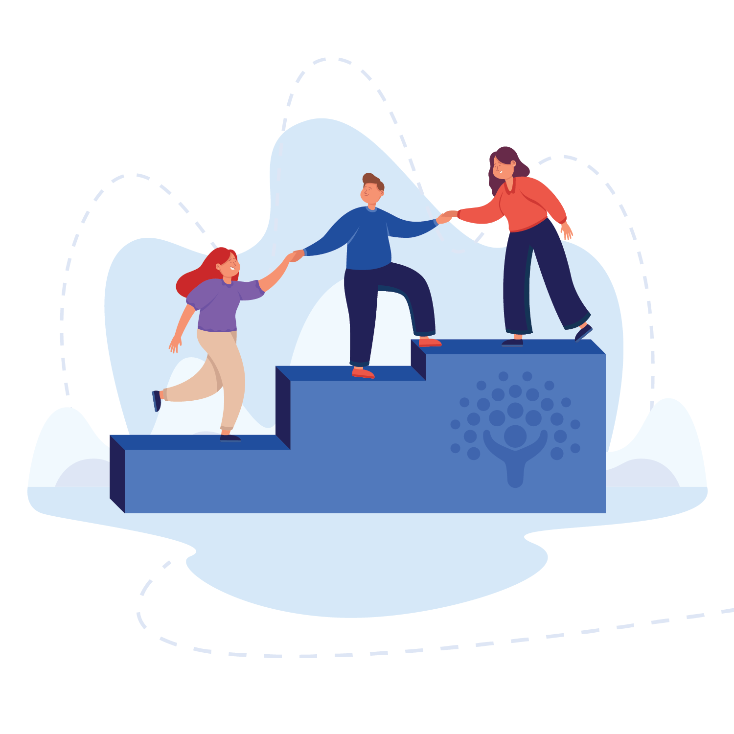 Illustration of three people standing on ascending steps, holding hands and helping each other climb upward,