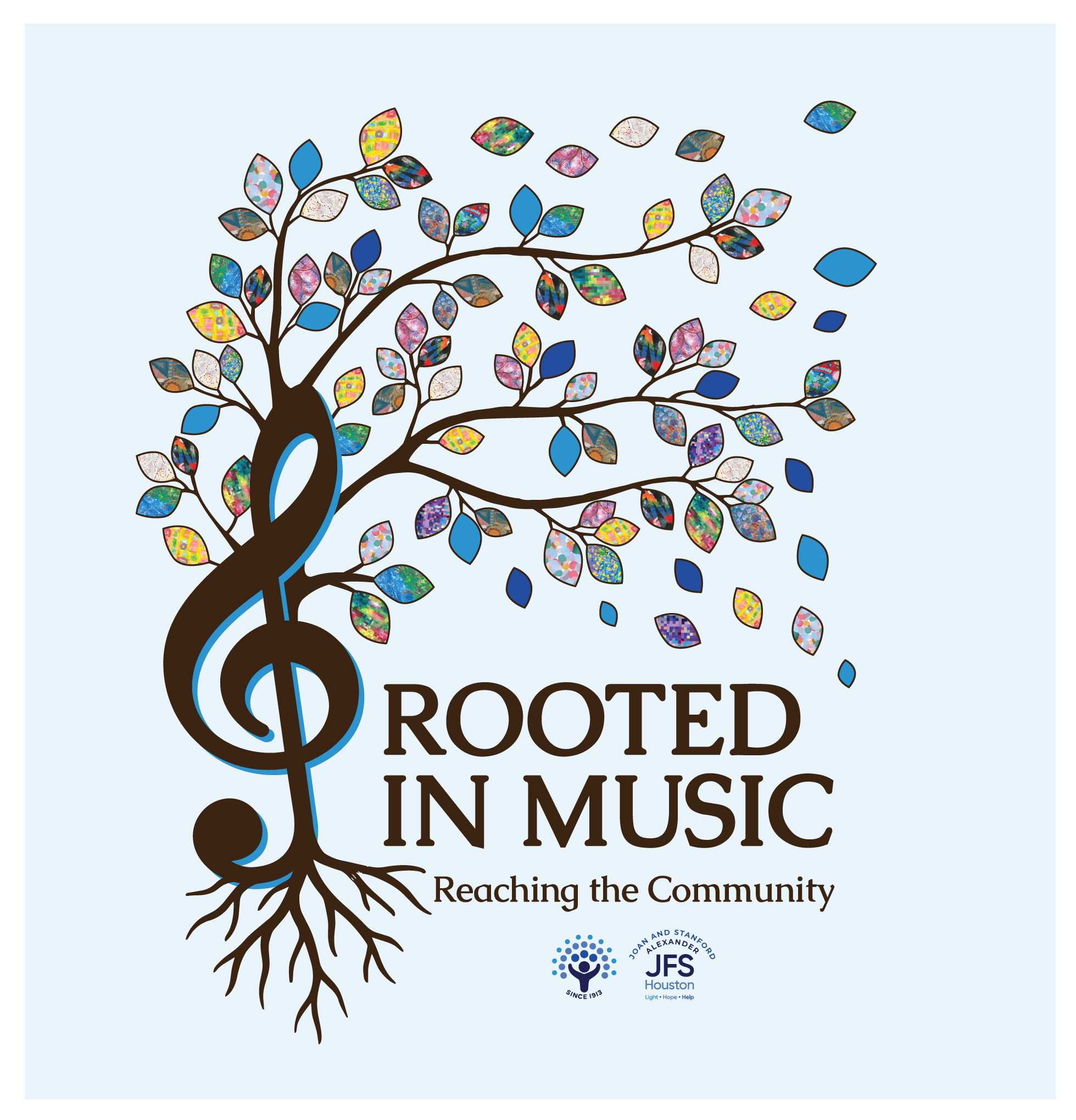 Illustration of a tree shaped like a treble clef, with colorful mosaic-style leaves and visible roots, alongside the text “Rooted in Music: Reaching the Community” and the JFS Houston logo.