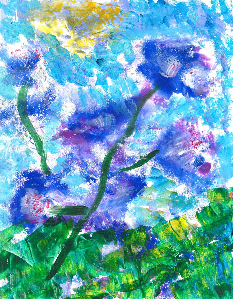 Painting by Celebration Company artist, Isabel featuring blue and purple flowers with green stems and leaves