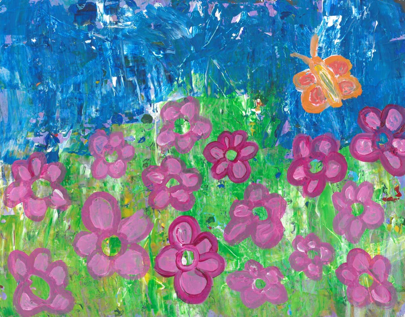 Painting by Celebration Company artist, Gabby featuring pink flowers scattered across a green field beneath a deep blue sky, with an orange butterfly hovering above the blossoms.