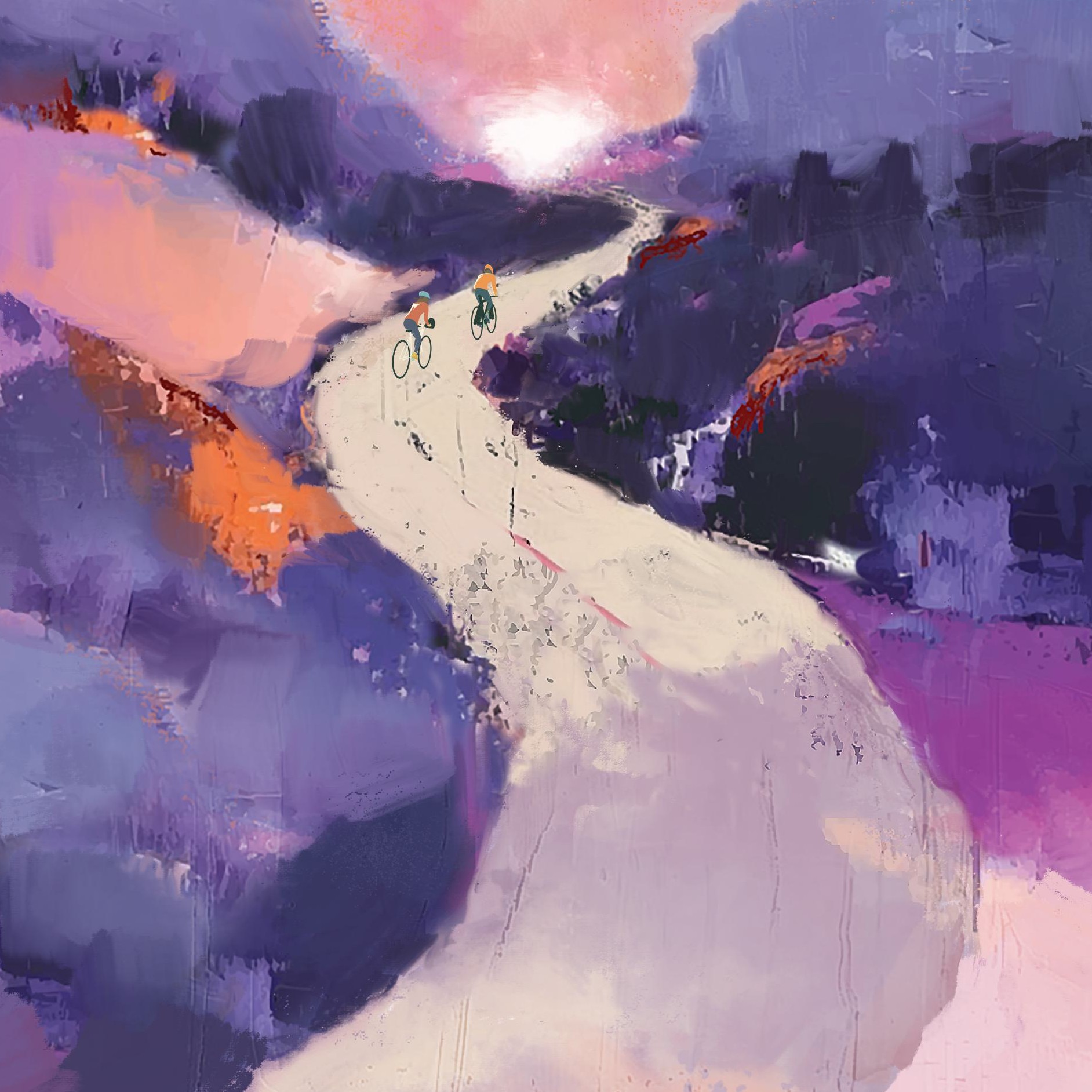 Two cyclists ride along a winding, light-colored path through a dreamy, abstract landscape of purples, pinks, and blues, heading toward a glowing horizon.