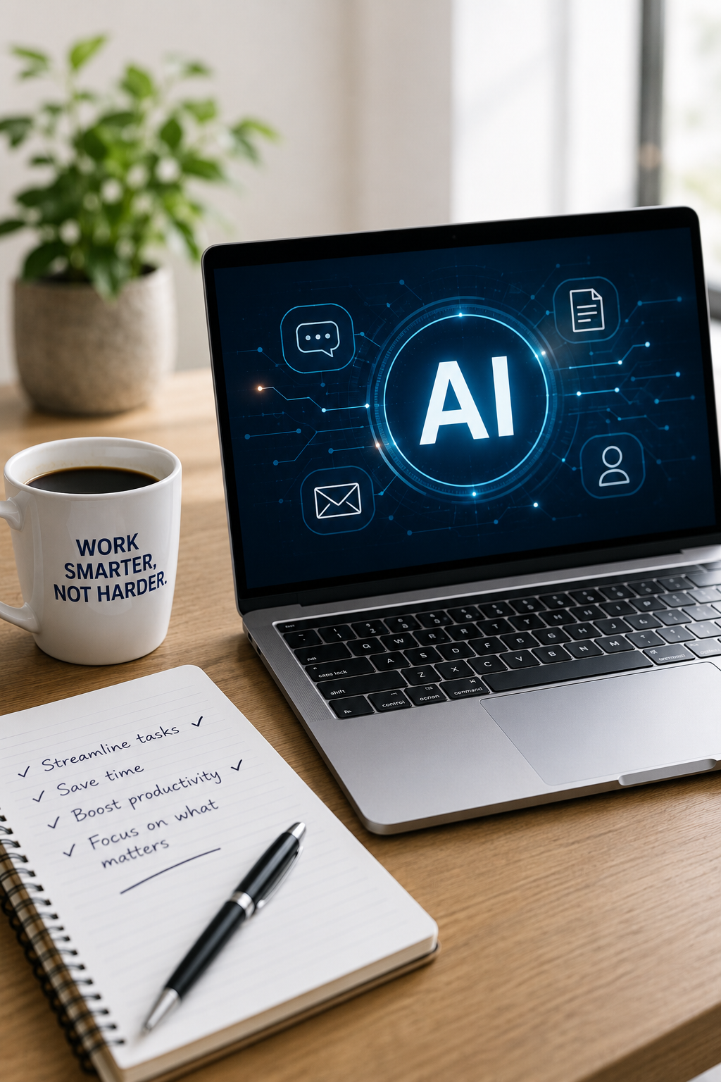 A modern workspace featuring a laptop displaying an AI interface, a notebook with productivity notes, a pen, and a coffee mug on a wooden desk.