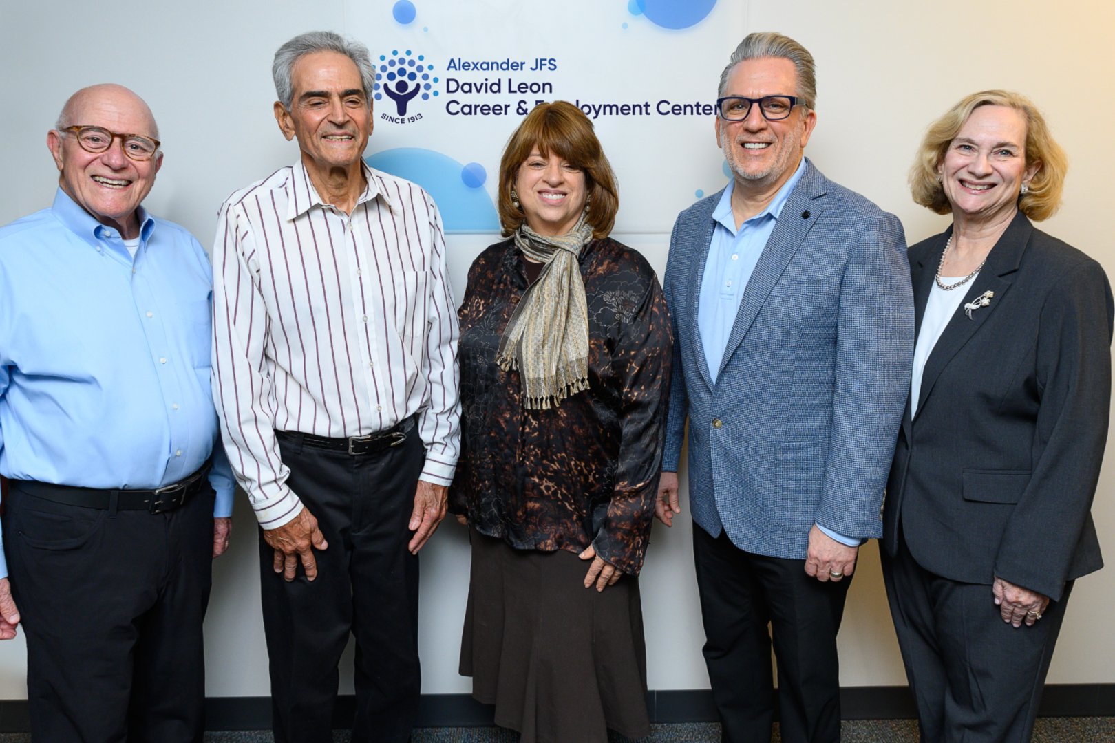 Jacob Leon, past president, Alexander JFS and Houston Jewish Family Foundation; David Leon; Rachel Davis, chief Legacy and Major Gifts officer; Carl Josehart, CEO, Alexander JFS; Laura Alter, Manager, Career and Employment Center