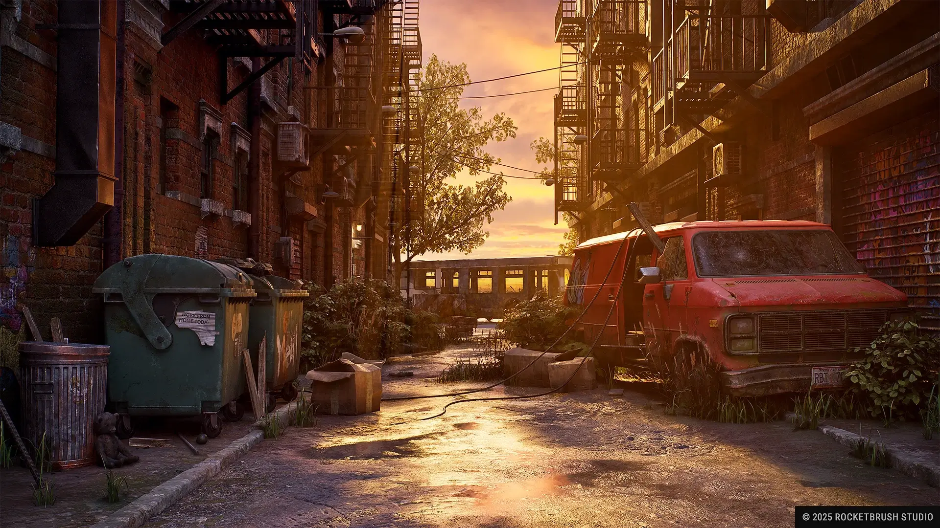 realistic 3D game art environment showing a post-apocalyptic New York street with modular buildings, vehicles, debris and detailed lighting