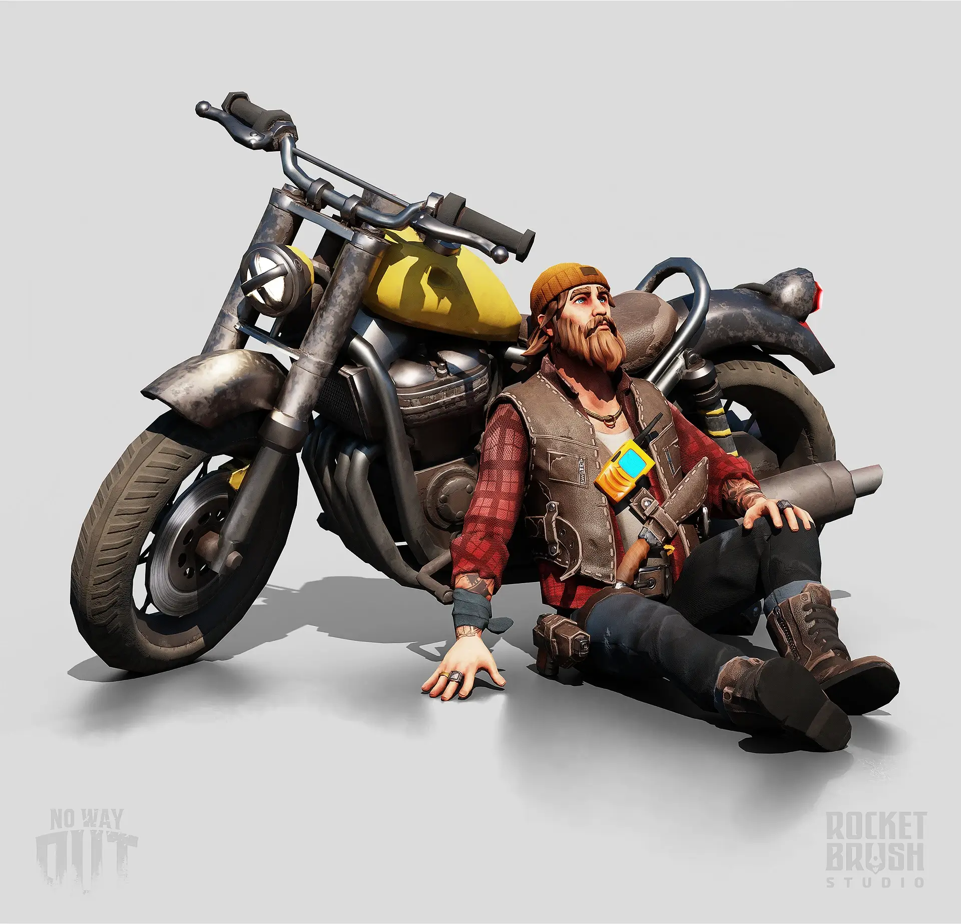 PBR 3D game art example with a biker character, motorcycle and believable material textures