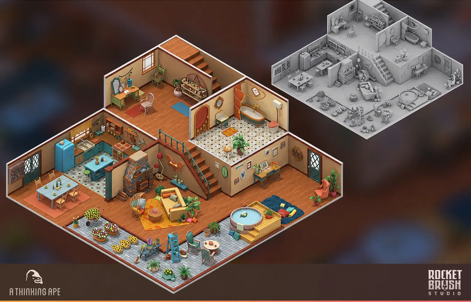 isometric 3D game art interior with a fixed camera view, readable room layout and optimized mobile environment