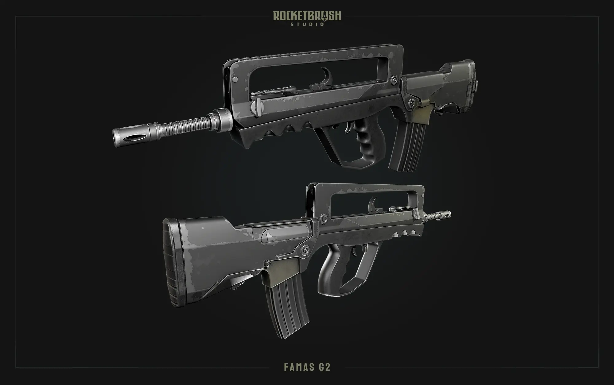 A realistic-looking automatic firearm with textures as an example of hard-surface 3D modeling for game assets.