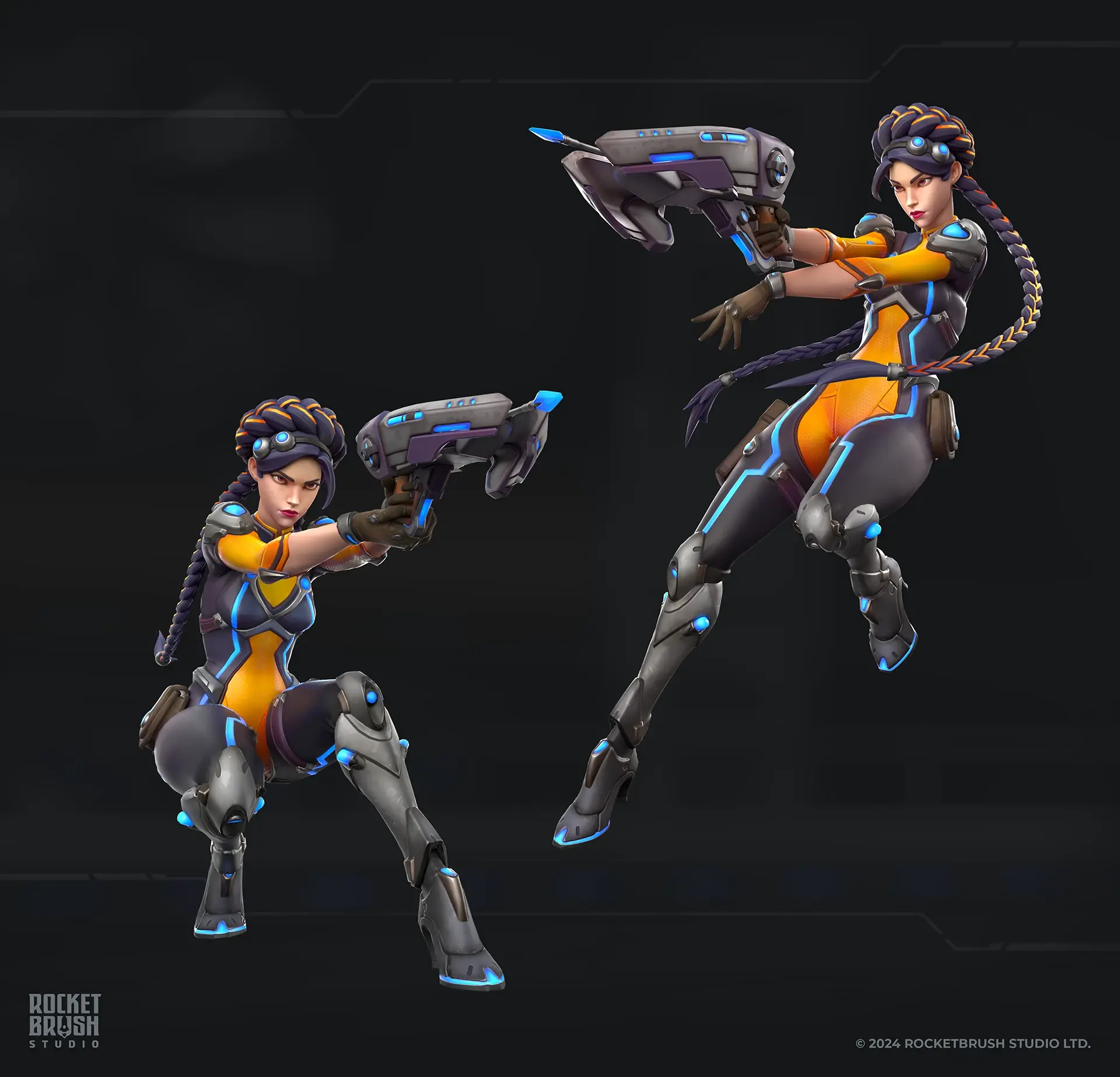 Two images showcasing a game character modeled in the style of modern hero shooters with stylized visual design.