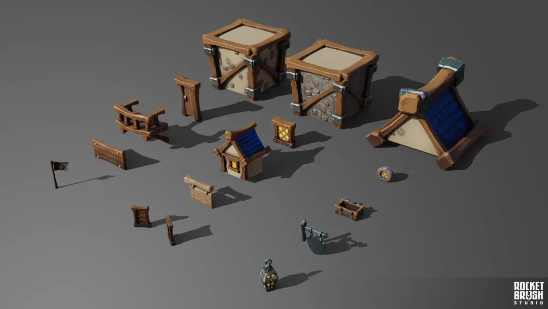 3D game assets (roofs, doors, windows) prepared for a modular building of a fantasy village.  