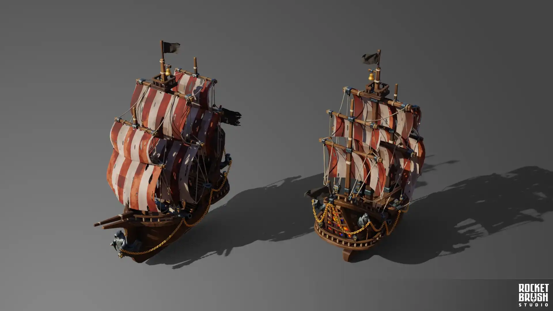 Two low-poly battleship models created as an example of 3D modeling for games, with a stylized design, simplified geometric shapes, and bright textures.