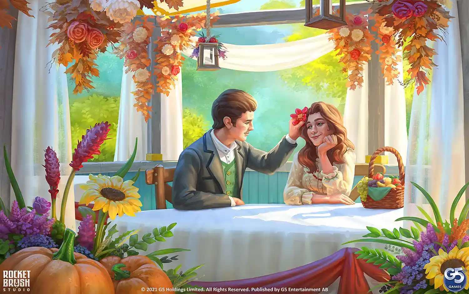 An illustration in painterly style featuring bright casual-game art with rich colors.