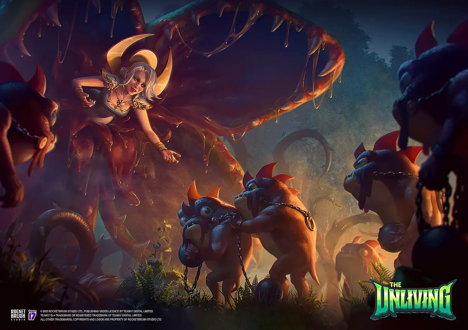 A 2D promotional artwork designed by the RocketBrush Stuudio for the game depicting a dark fantasy scene with several characters.