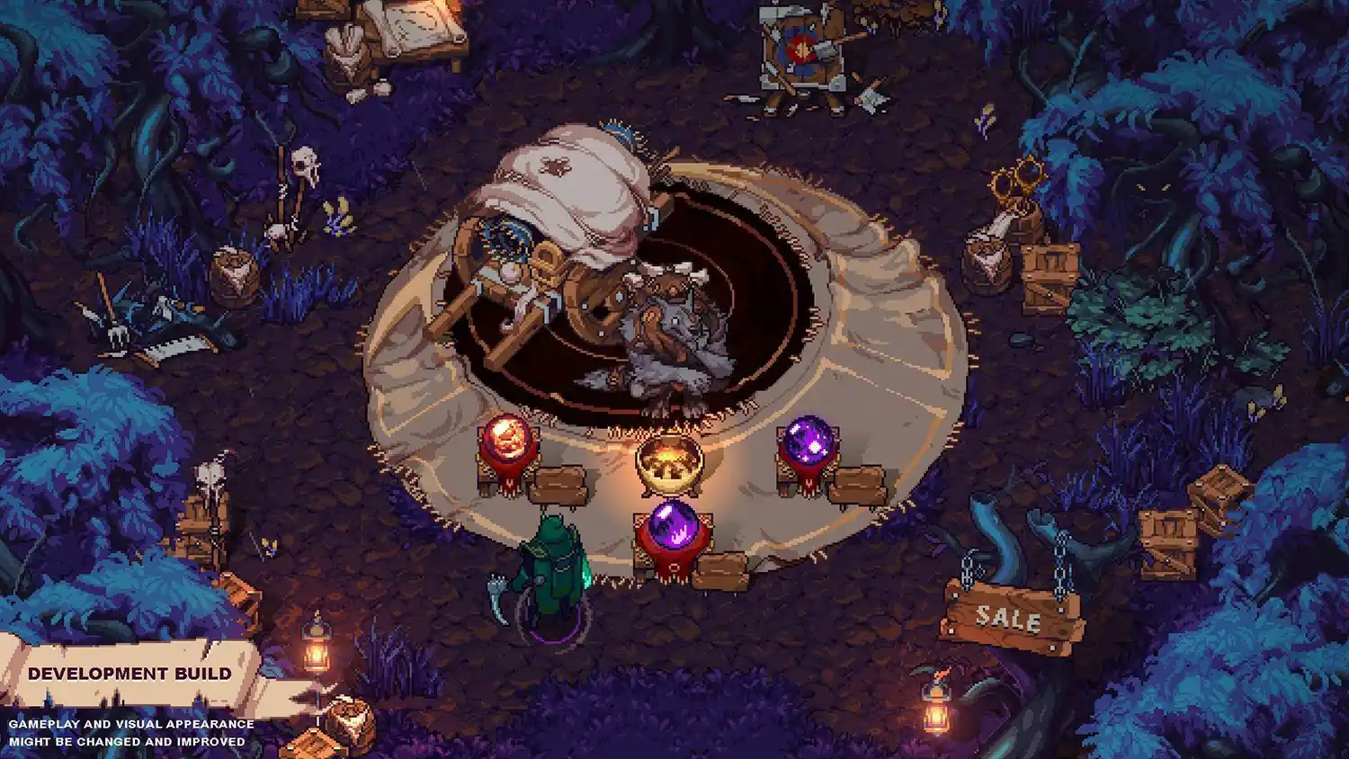 A pixel art fantasy marketplace set in a dark enchanted forest designed by RocketBrush Studio with vibrant pixel art. 
