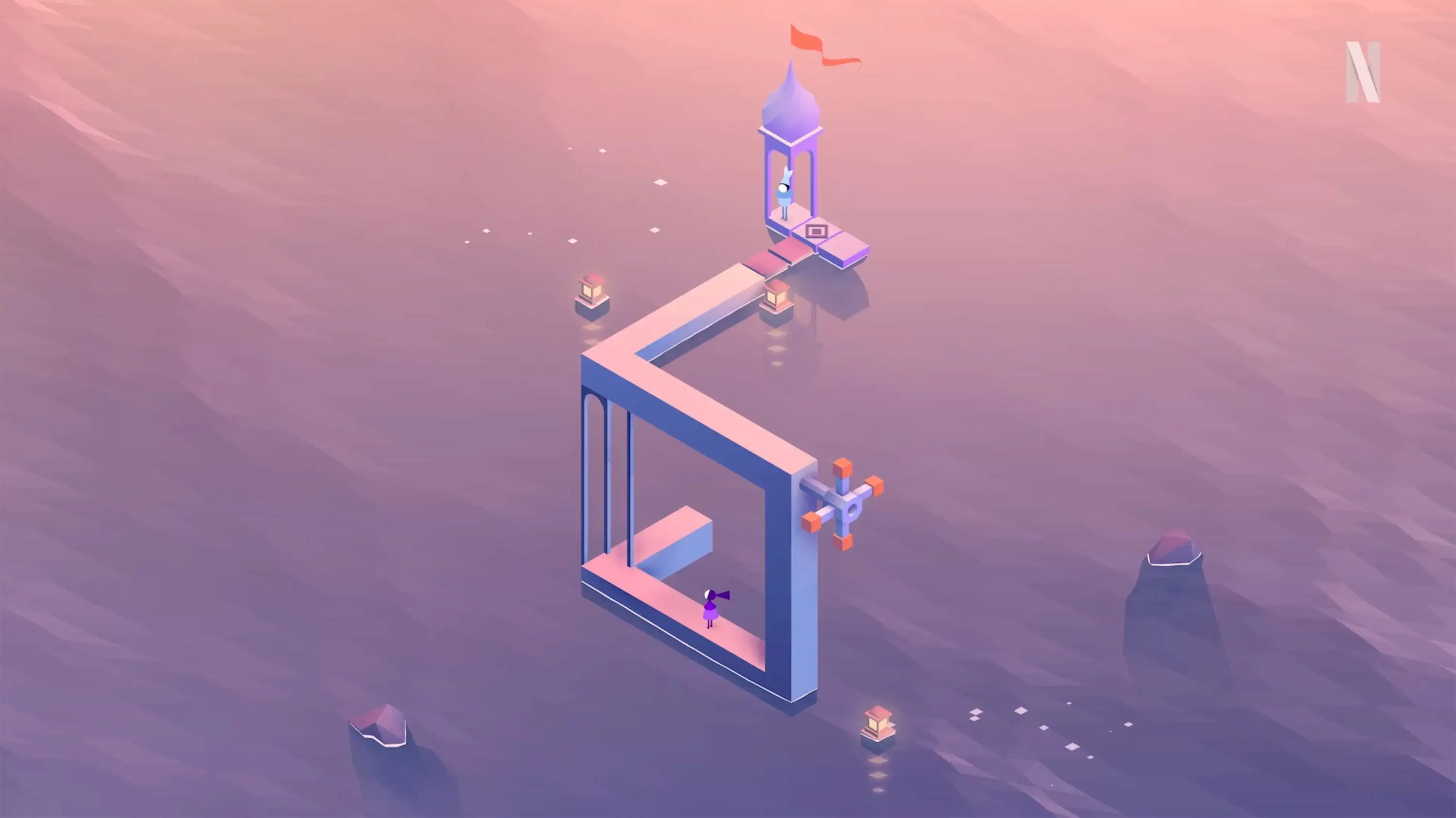 A minimalist isometric puzzle game scene set in a calm pastel-colored landscape of water and mist. 