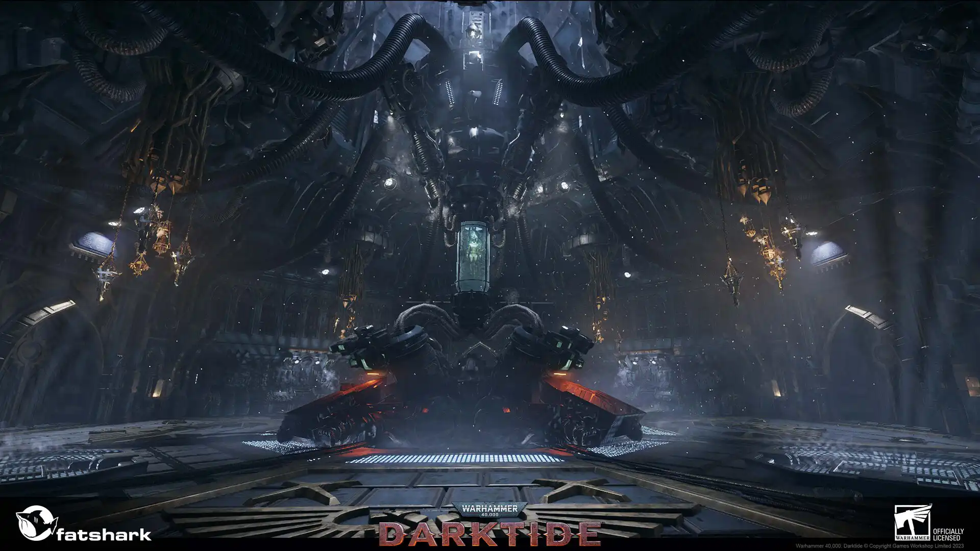 A dark sci-fi industrial facility filled with machinery, the environment features heavy industrial design, mechanical detail, and a dystopian, abandoned feel of science-fiction horror and cyberpunk game settings. 