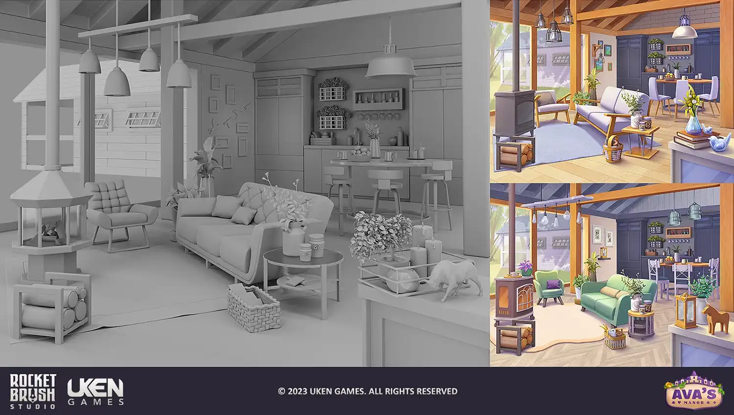 Stylized living room environment from graybox to final game art developed by RocketBrush Studio.
