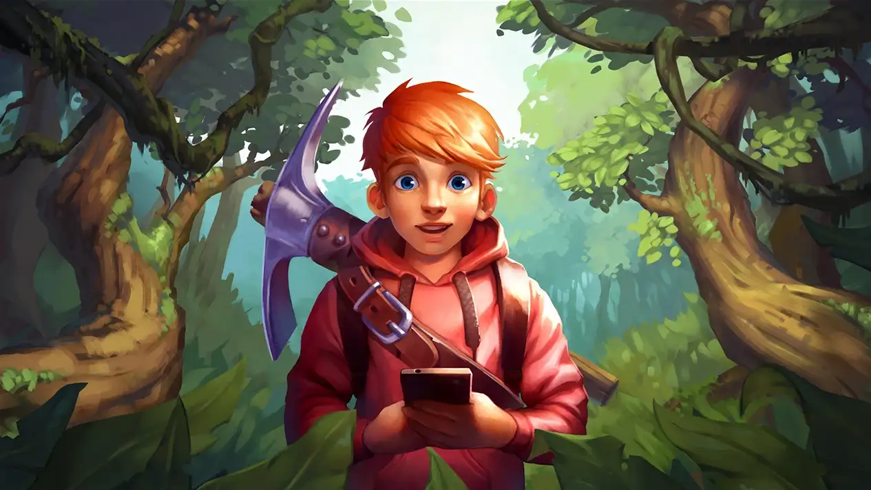 Young adventurer character with smartphone and pickaxe in a forest designed by RocketBrush Studio.