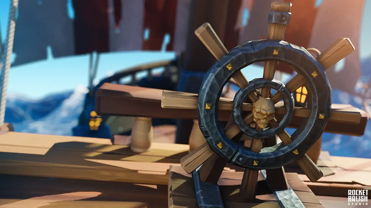  A stylized low-poly 3D pirate ship steering wheel mounted on a wooden deck by RocketBrush Studio 