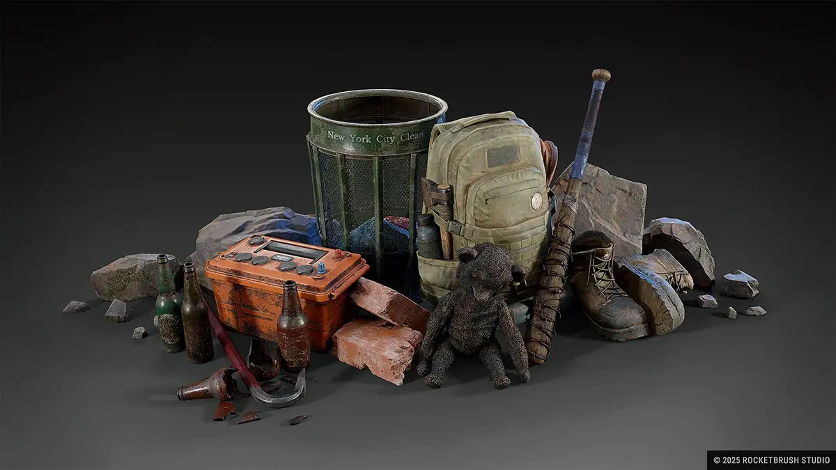 A detailed 3D prop set featuring post-apocalyptic survival items arranged together on a dark background