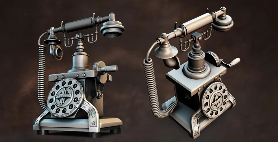 An image showcasing a 3D high-poly model of an antique phone 