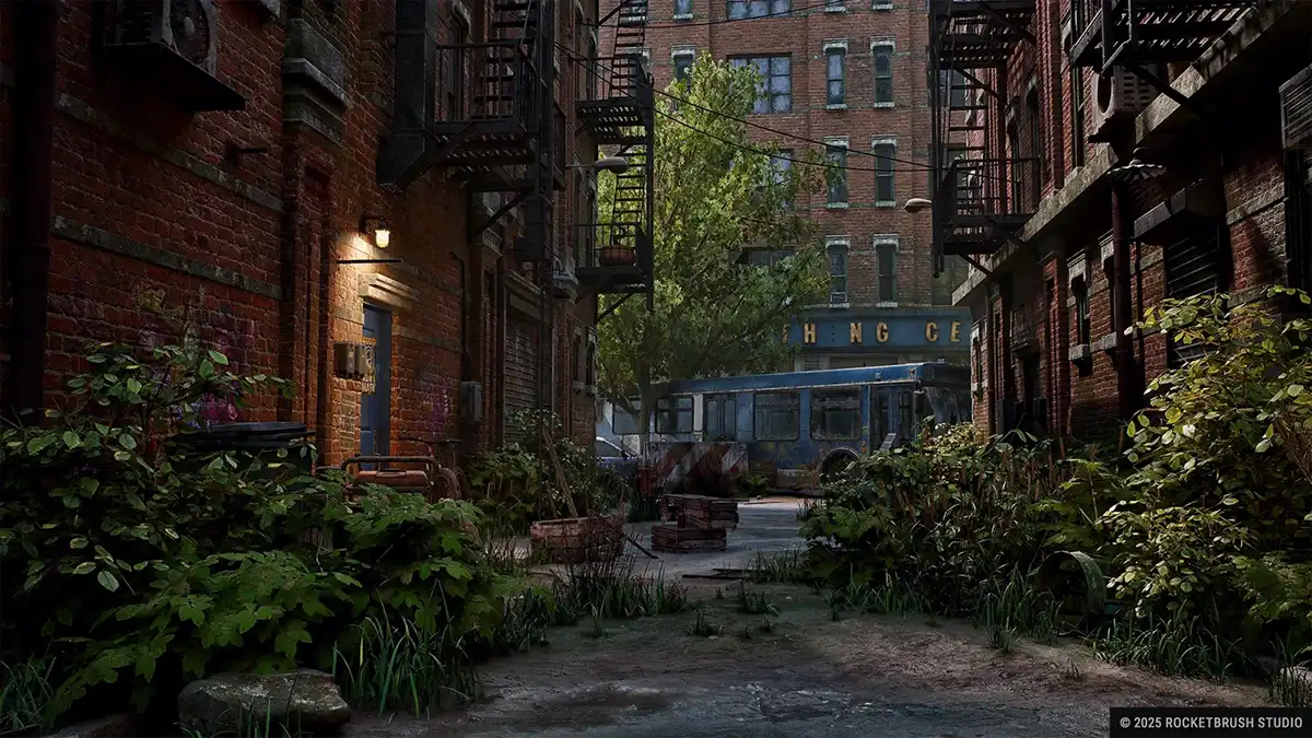 Post-apocalyptic city street from a 3D game environment design project by RocketBrush Studio