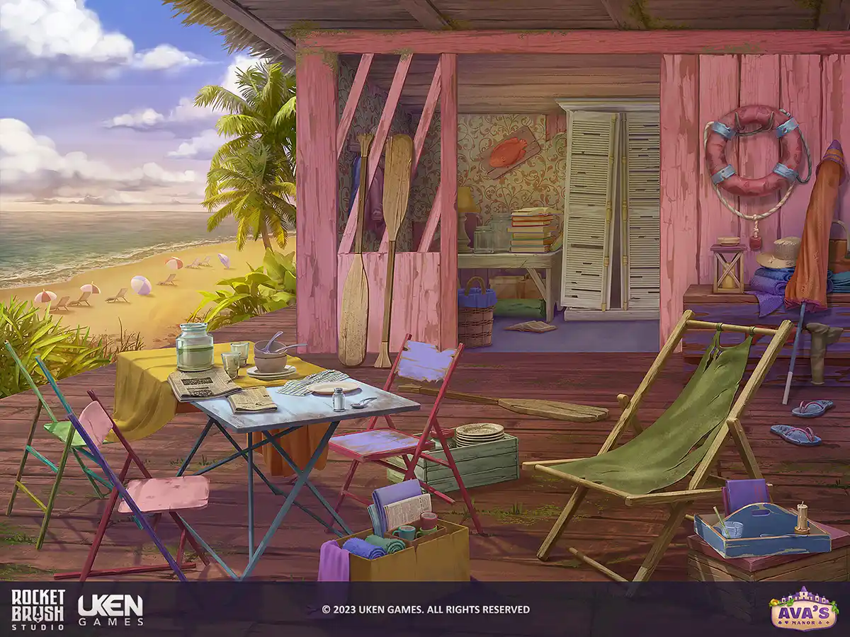 2D video game environment art depicting a patio with a beach view by RocketBrush Studio