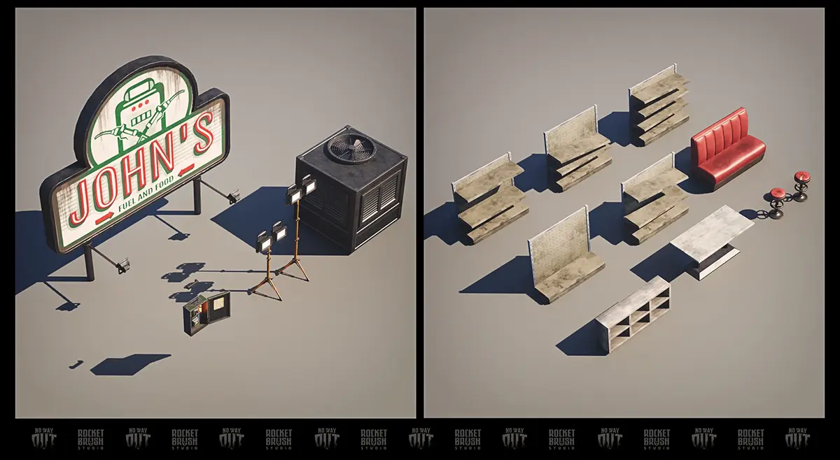 An image showcasing modular kits created by RocketBrush for the 3D post-apocalyptic environment and in-game locations.