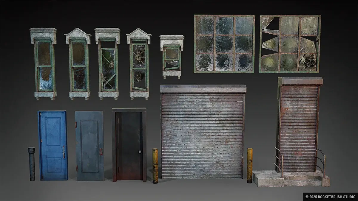 Broken windows and worn-out doors with high level of details designed by RocketBrush art team